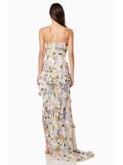 Romantic floral gown with ruffles for garden parties and summer events