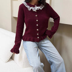 Lace-trim ruffle knit cardigan displayed for feminine evening outfit inspiration