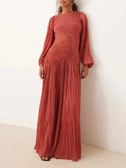 Romantic pleated cotton-blend gown with high waist and full sleeves