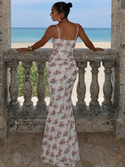 Backless maxi gown with delicate floral pattern for parties