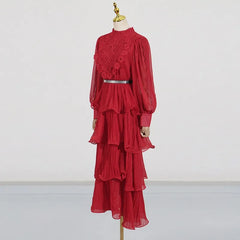 Romantic sheer sleeve lace maxi dress in vivid red for evening occasions