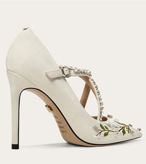 Romantic white wedding embroidered shoes with pointed toe