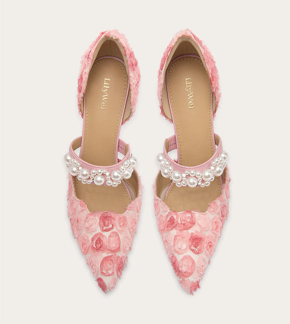 Rose mesh pearl lace sandals with pointed toe and thin heel