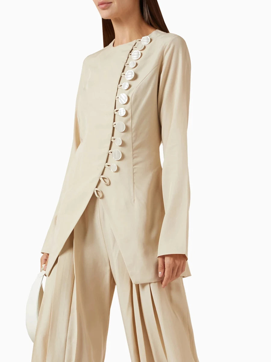 A front view of a round-neck long-sleeve jacket, highlighting the slim silhouette.