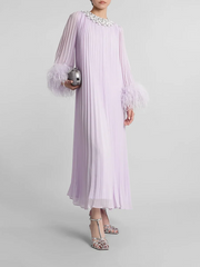 A front view of a women's round-neck midi gown, highlighting the elegant silhouette.