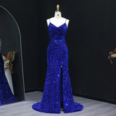 Full-length view of a backless mermaid gown with an all-over shimmer