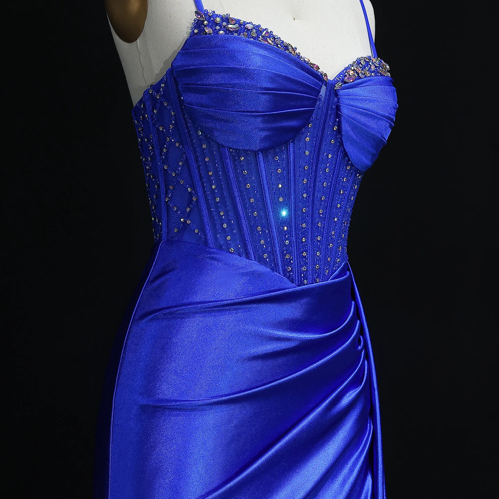 Close-up of crystal detailing on sweetheart bodice of satin gown