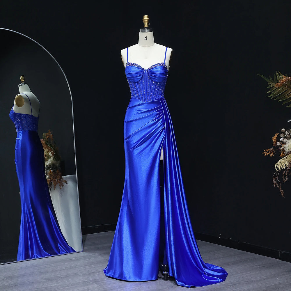 Sweetheart satin mermaid prom gown with crystal bodice on mannequin