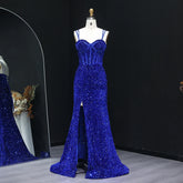 Sequin sweetheart mermaid prom gown with front slit on mannequin