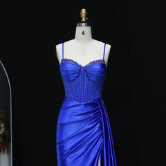 Sweep train detail on fitted satin mermaid prom gown