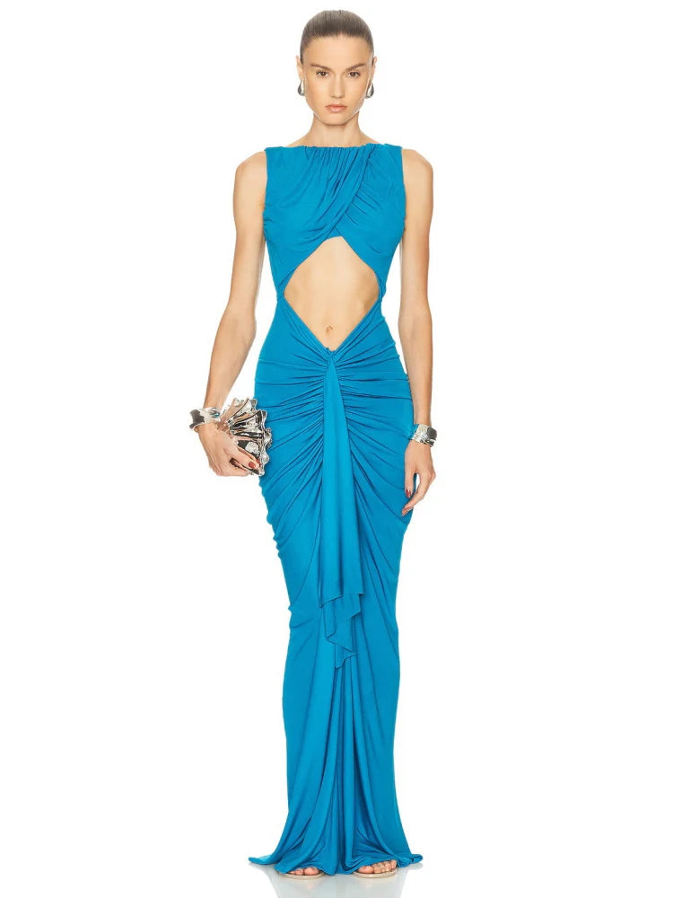 Ruched blue evening dress ideal for cocktail parties and special celebrations