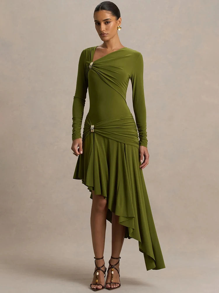 Ruched green dress with high low hem styled for events