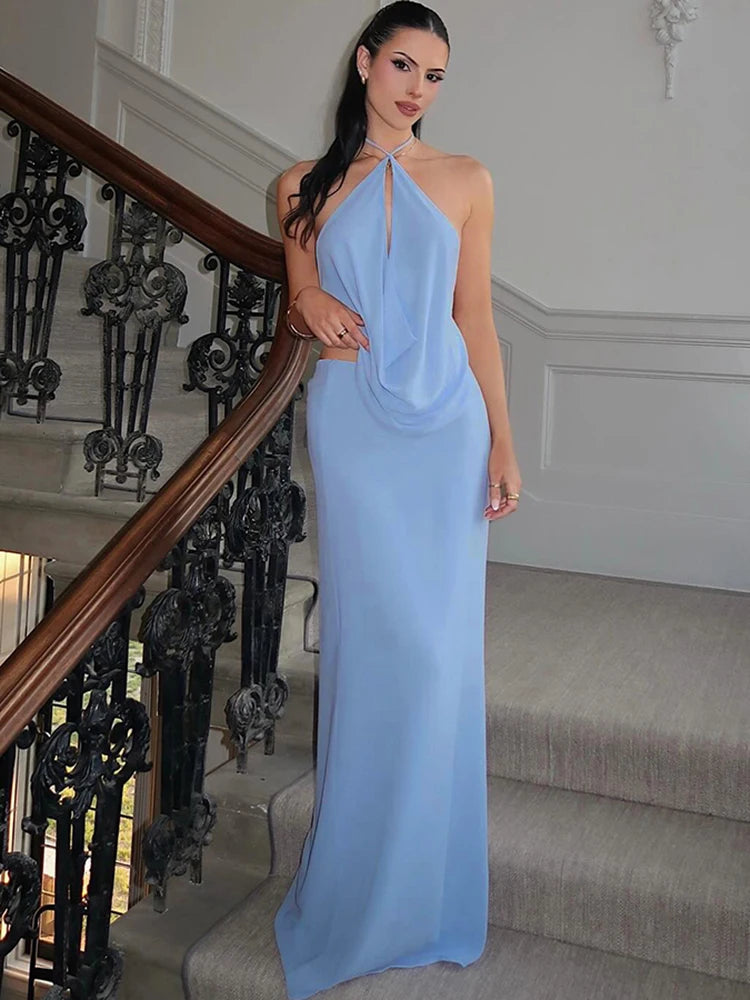 Ruched halter maxi dress with backless design