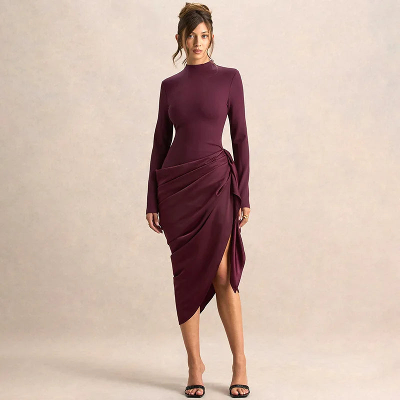 High neck long sleeve midi dress with ruched wrap-style skirt