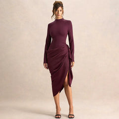 High neck long sleeve midi dress with ruched wrap-style skirt