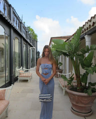 Ruched lavender party dress with neck mounted floral appliqué