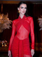 Formal red evening gown designed for cocktail and gala settings