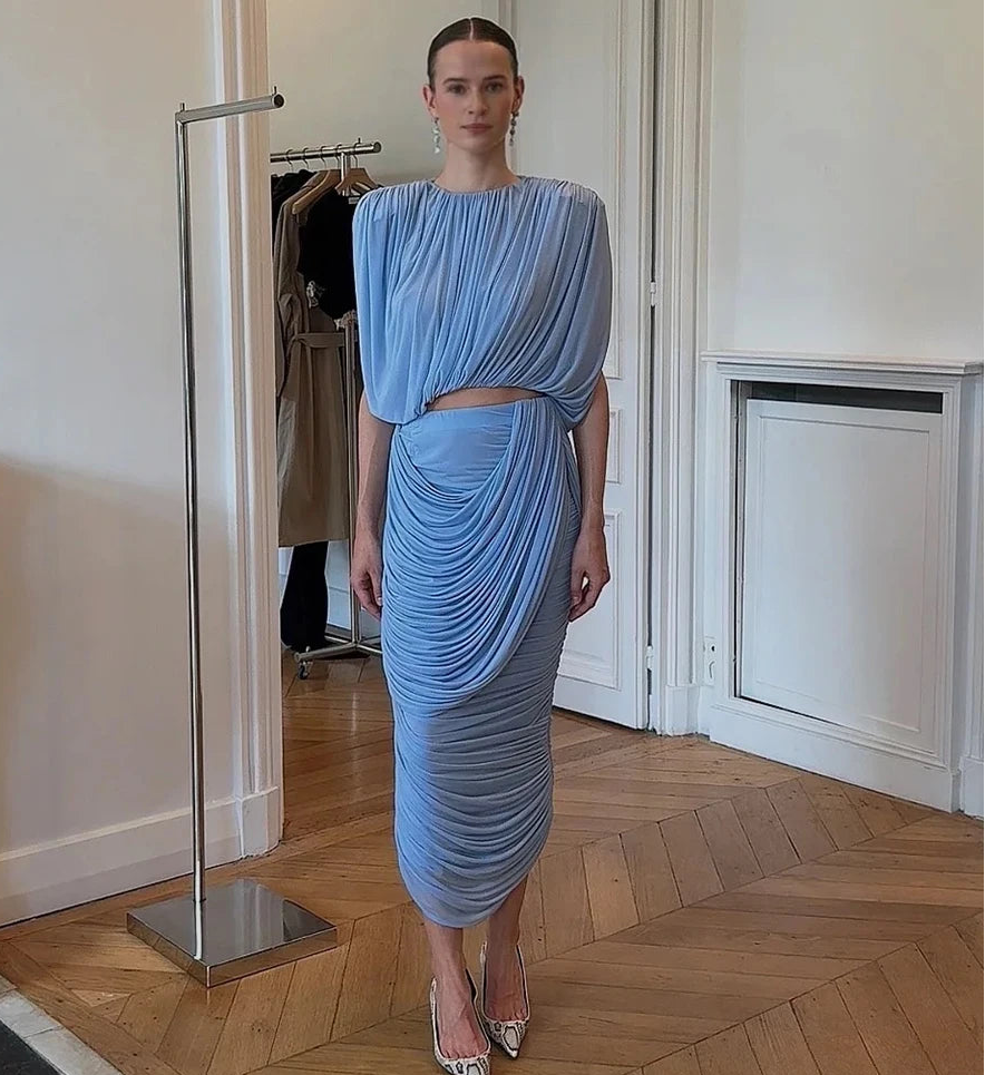 Ruched two-piece set with draped crew-neck top and ankle-length skirt