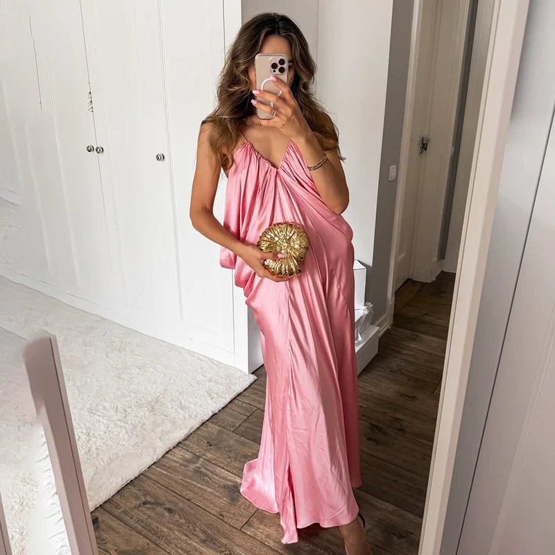 Ruched pink summer maxi dress in loose fit for warm evenings