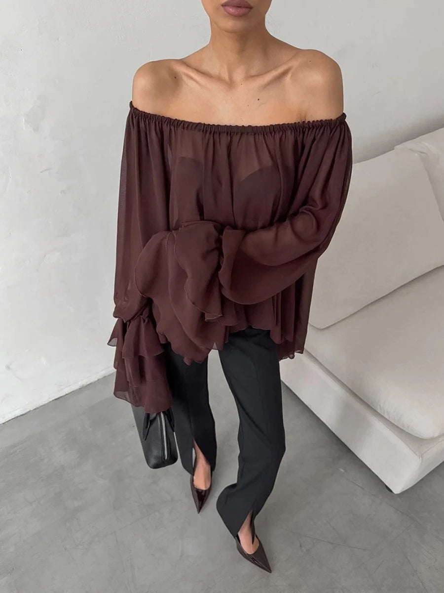 Modern off-shoulder ruffle sleeve top for earthy trend-driven outfits and coffee dates