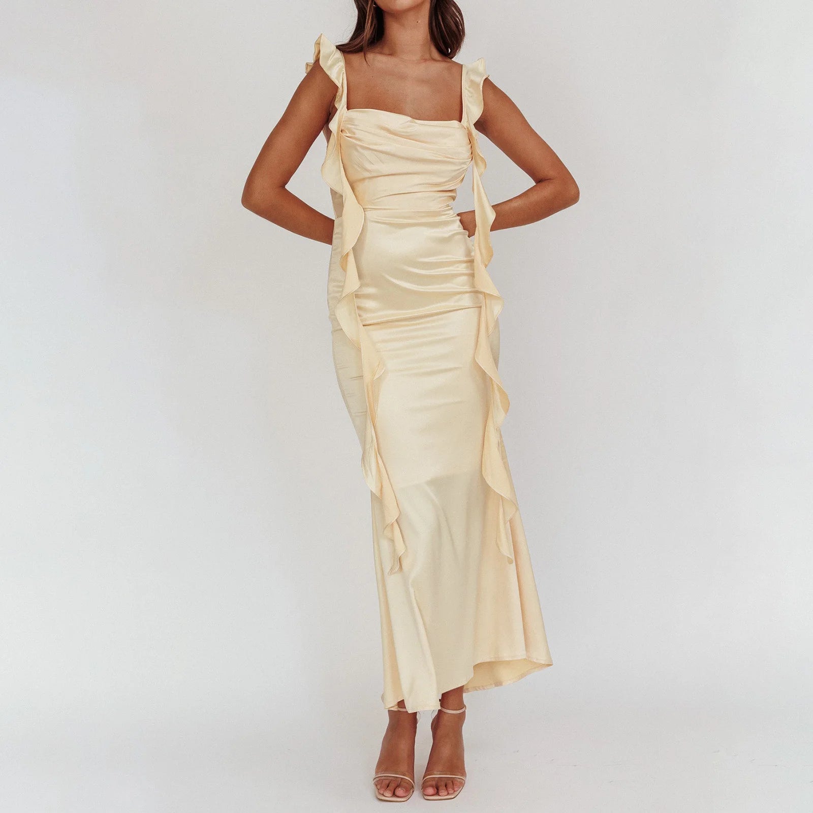 Light yellow ruffled bodycon dress for weddings and formal events
