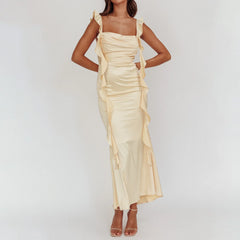 Light yellow ruffled bodycon dress for weddings and formal events