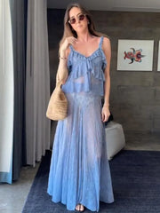 A woman wearing a two-piece skirt set with lace and ruffles.