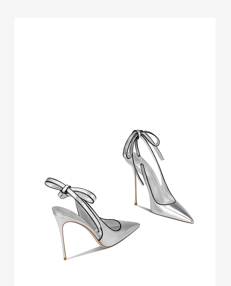 Runway silver lace bow heels for women’s gala looks