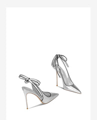 Runway silver lace bow heels for women’s gala looks