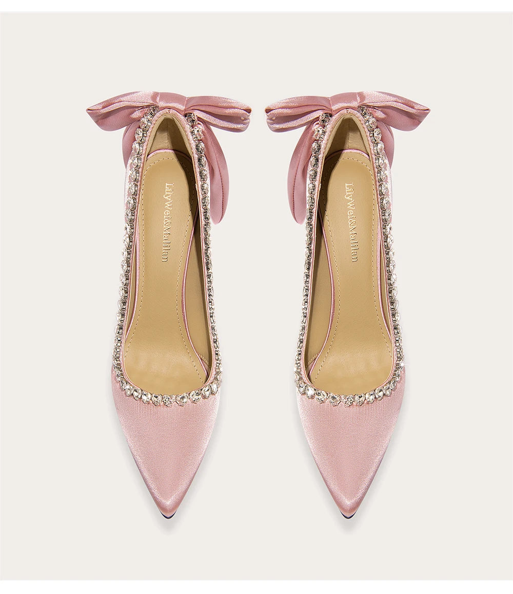 Satin bow rhinestone platform heels for women