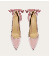 Satin bow rhinestone platform heels for women