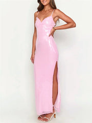 Satin corset maxi dress with pink sequins styled for formal occasions