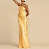 Front view of satin one-shoulder gown in gold for formal occasions
