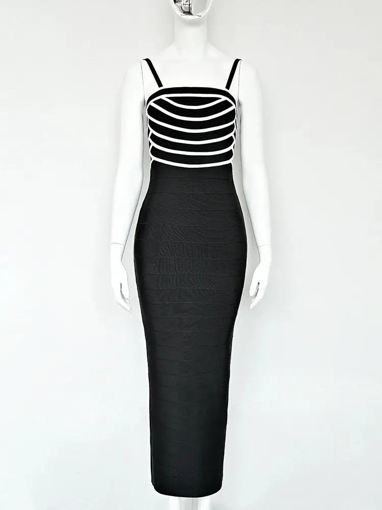 sculpted black and white formal midi dress for city nights