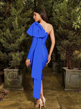 sculpted blue midi dress with statement bow for parties