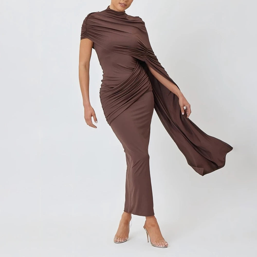 elegant stand neck maxi dress styled for evening wear