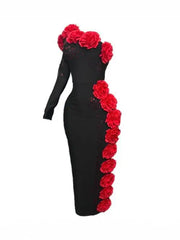 Sculpted floral party dress in black and red with statement applique