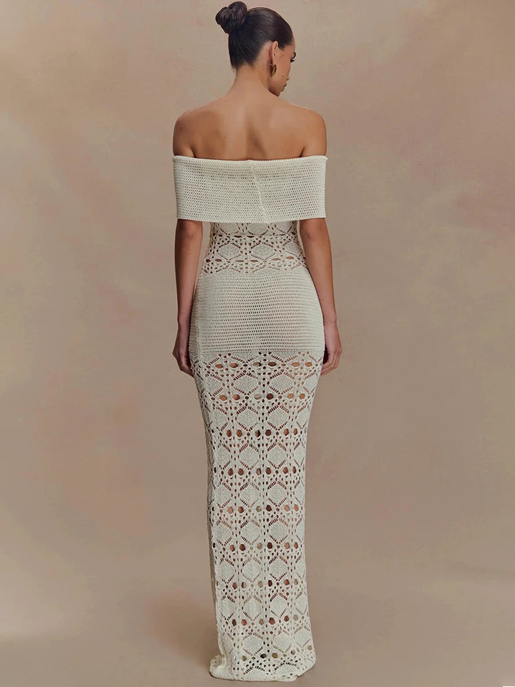 Woman wearing a bodycon knit gown, perfect for winter parties and events, on a beige background