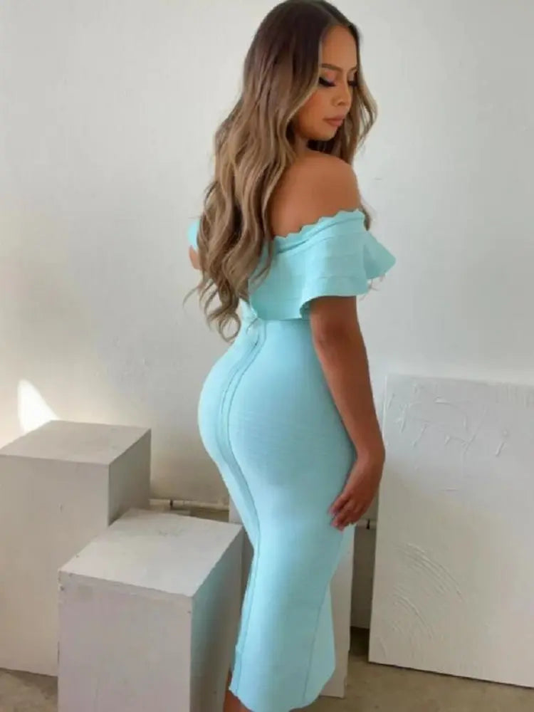 sculpted ruffle cocktail midi dress in light blue