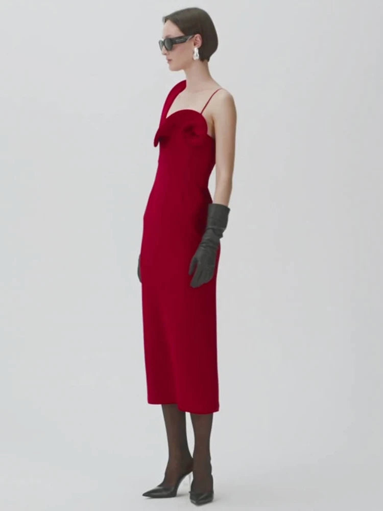 Sculptural flower strap city night outfit displayed for trend-forward look