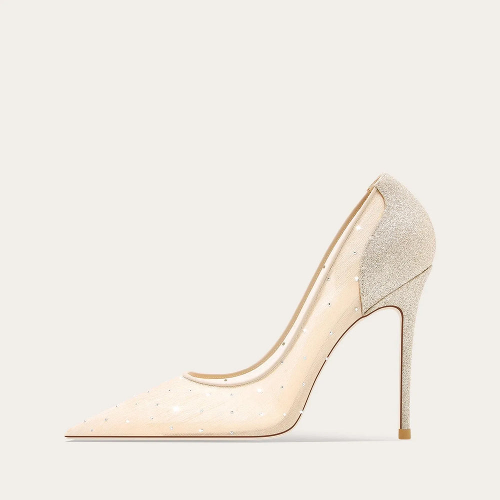 A close-up of the sequin and crystal detail on the shoe.