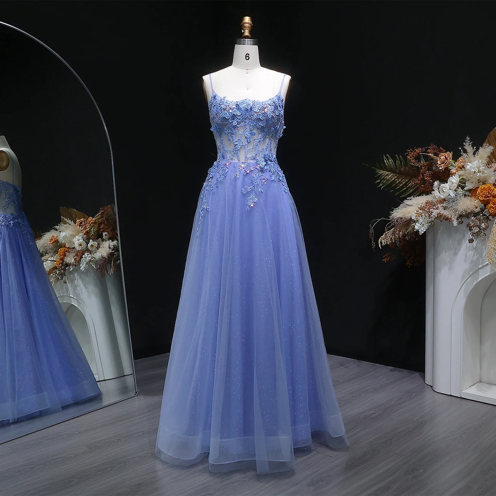 Sequin appliqué tulle A-line gown with spaghetti straps and boat neckline