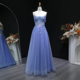 Sequin appliqué tulle A-line gown with spaghetti straps and boat neckline