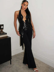 High-waist sequin jumpsuit with sleeveless cut and smooth fitted bodice
