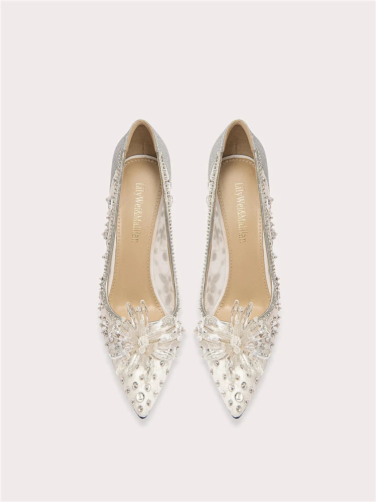 Sparkling sequin lace wedding pumps with pointed toe