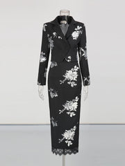 Close-up of the black two-piece set highlighting floral sequin detailing and tailored lapel finish.