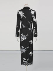 Back view of the black high-waist skirt showing the slim sheath fit and smooth fabric drape.