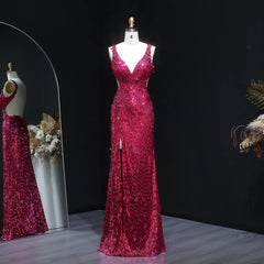 Sequin mermaid evening gown with V-neck silhouette on mannequin