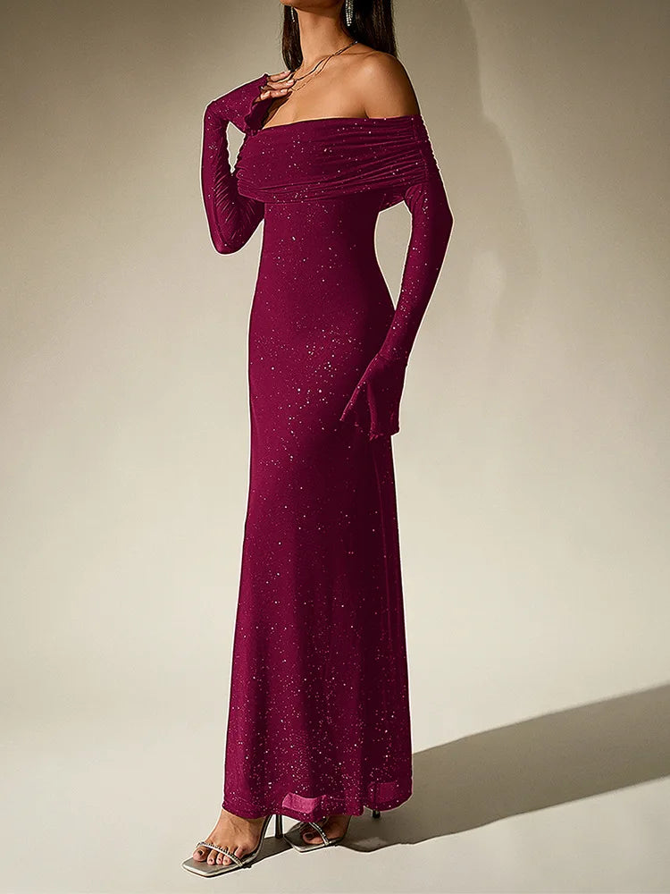 Ankle-length evening dress with light-catching sequin mesh finish
