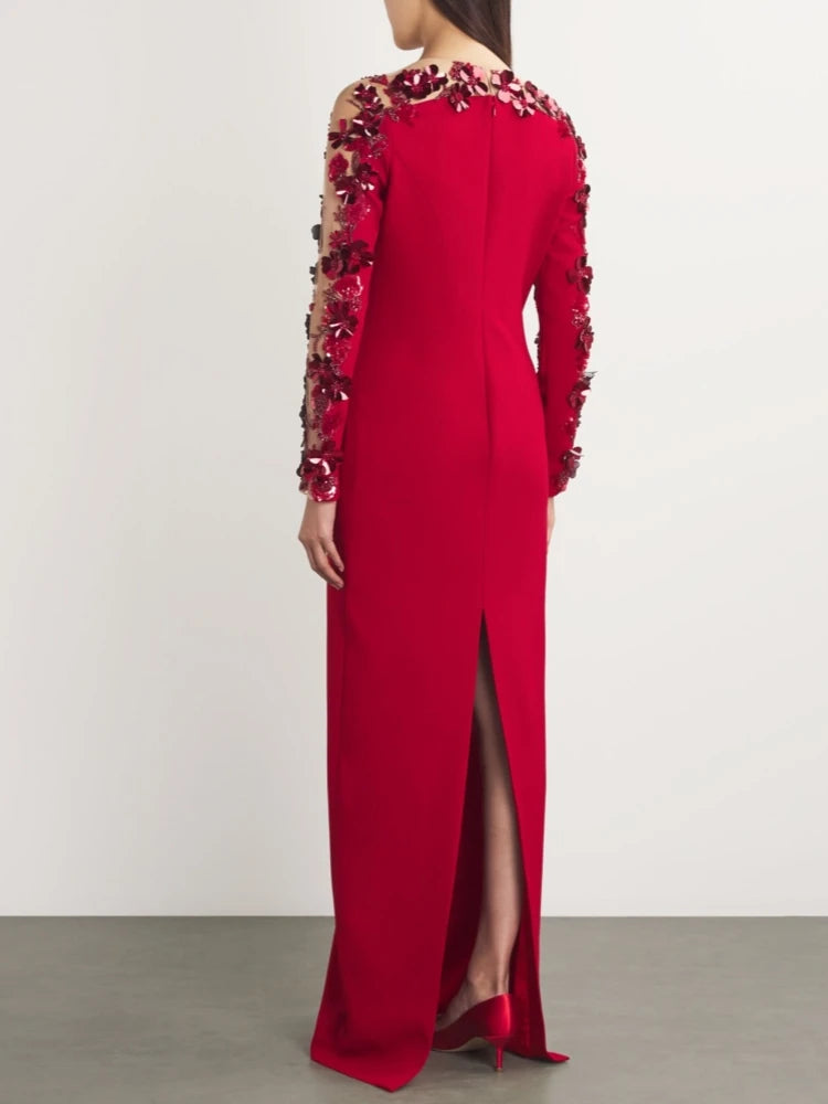 Sequin mesh long-sleeve red party dress displayed for celebrity occasions against a white background